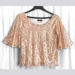 Salora Women's Blouse Fully sequined. 3/4 Flared sleeve. Rose gold color. Size M